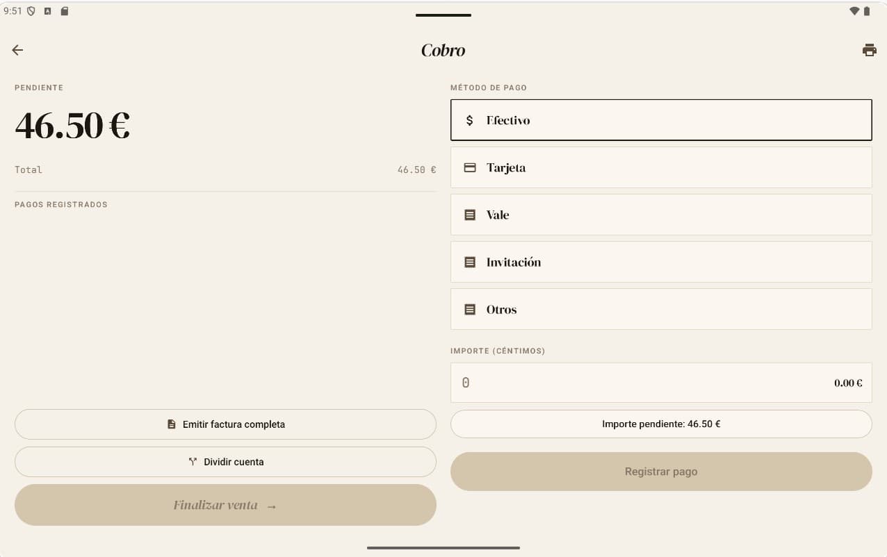 Pantalla del TPV de Tablerly con la pantalla de cobro y los métodos de pago